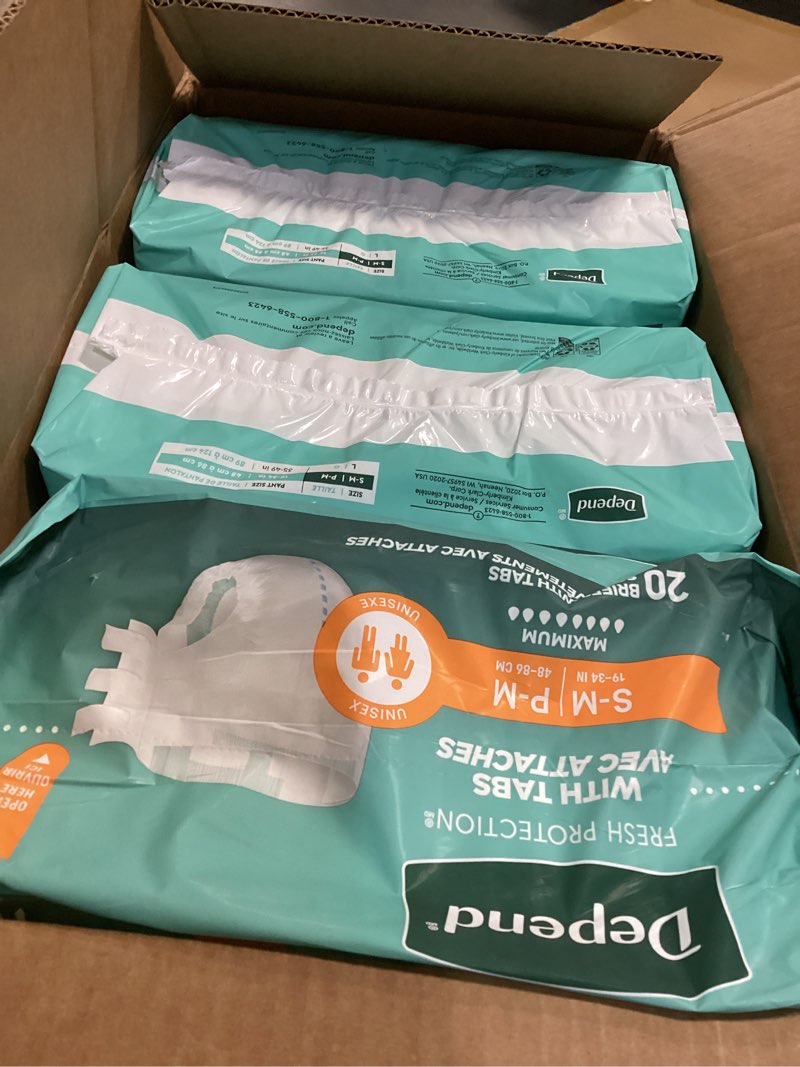 Condition photo showing New/Like New for depend adult diapers with tabs, incontinence protection with tabs, unisex, small/medium (19–34" waist, up to 170 lbs), maximum absorbency, 60 count (3 packs of 20) small/medium 60
