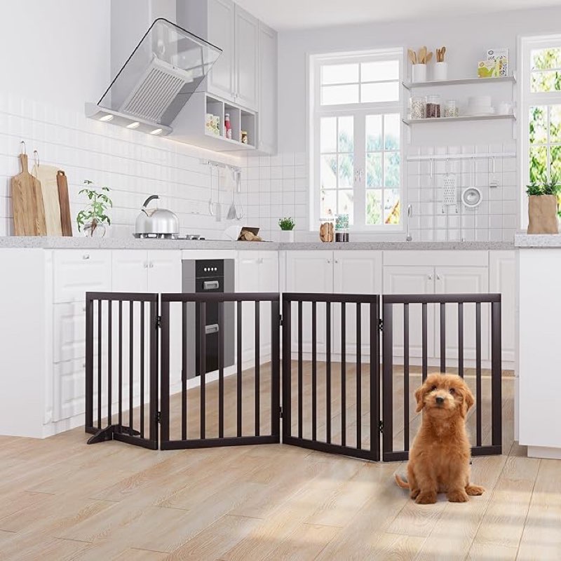 Freestanding Pet Gate Foldable Dog Gate (74 inches Wide) Walnut Bamboo Dog Gates for Stair Doorways House Dog Fences Indoor (2 Support Feet Included) Walnut 4 Panel - 74 inches Wide color black 