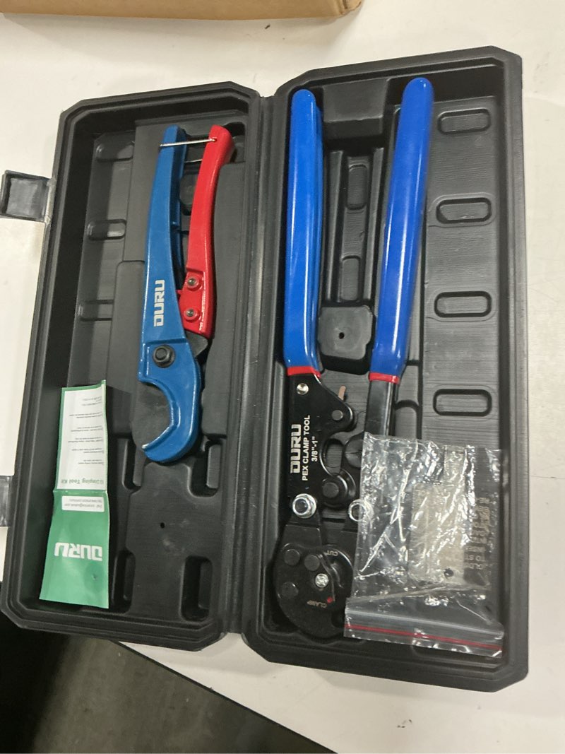 Condition photo showing Good Condition for 2 in 1 ratchet pex crimping tool pliers cinch and remove combo function professional pex crimper long handle pex pinch tool pex pipe crimp tool for 3/8" to 1" stainless steel clamps in plastic box 2pcs pex tool with box