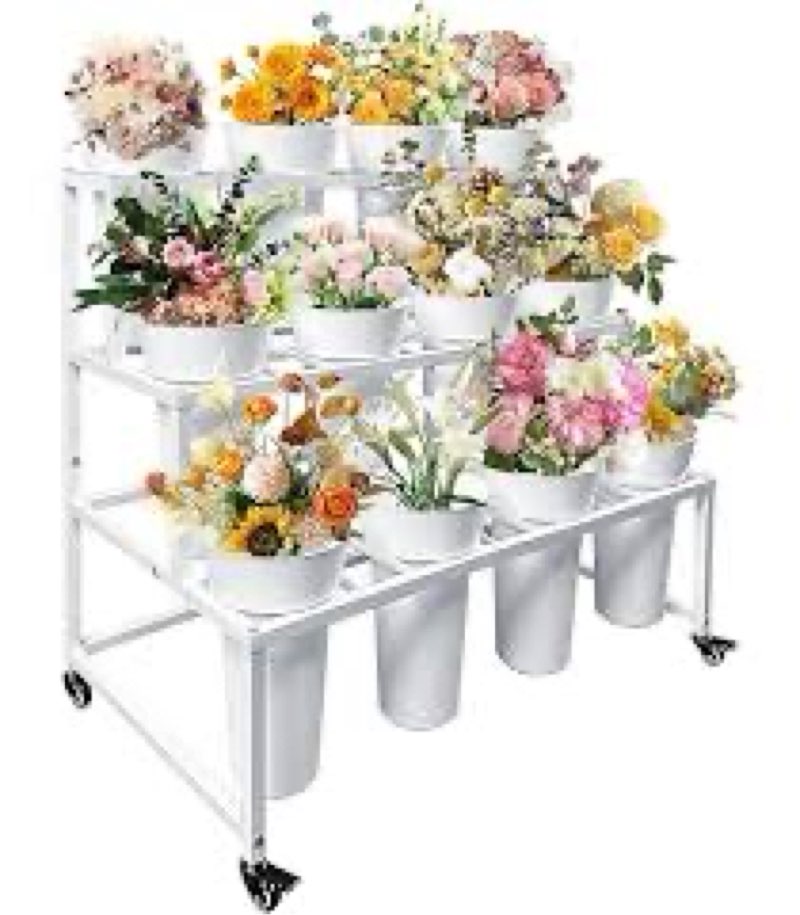 flower stand with 12 buckets, flower display stand with wheels, flower cart, moving florist bouquet shelf for party, wedding, events, triangular legs (white)