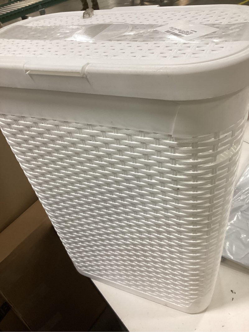 Condition photo showing As Is for Mind Reader Slim Laundry Hamper with Lid, 40L Clothes Basket, Premium Wicker Design, Plastic, White