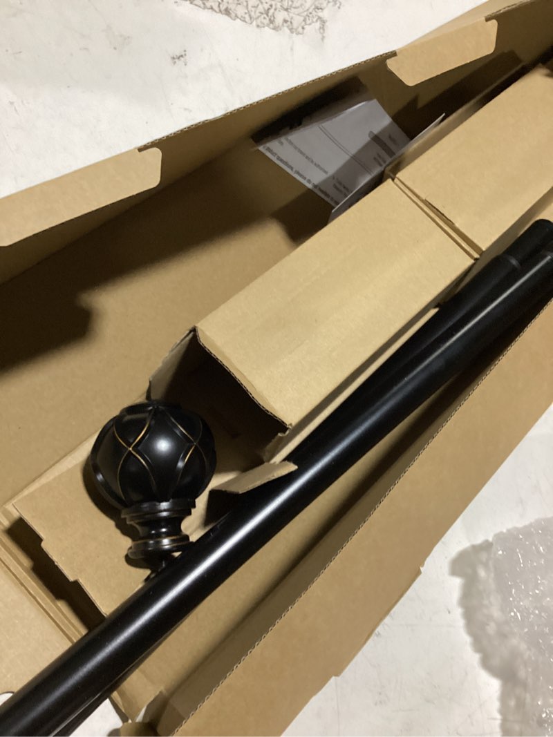 Condition photo showing Good Condition for kamanina 1 inch curtain rod telescoping single drapery rod 28 to 48 inches (2.3-4 feet), 2 pack black curtain rods for windows 16 to 44 inches, netted texture finials black 28-48"(2pack)