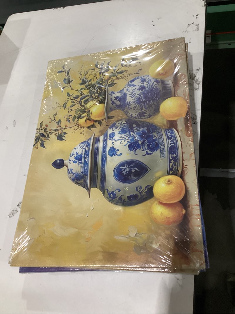 Condition photo showing New/Like New for Lemon Wall Art Kitchen Canvas Art Blue Pottery Pictures Yellow Lemon Painting Prints Fruit Poster Rustic Farmhouse Artwork for Dining Room Restaurant Decor Framed(Lemon-2,16.00" x 24.00") Lemon-2 16.00" x 24.00"
