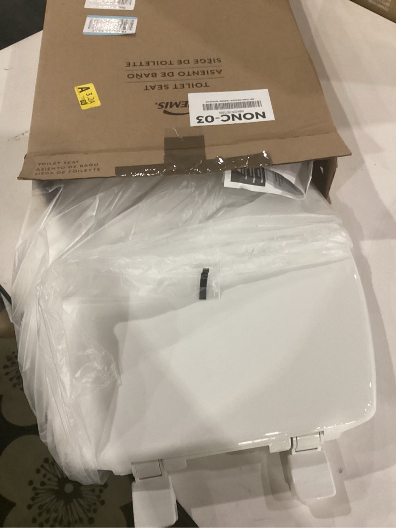 Condition photo showing As Is for bemis 7300slec slow close toilet seat, easy clean hinges and durable plastic seat, made in usa, elongated, white elongated slow close