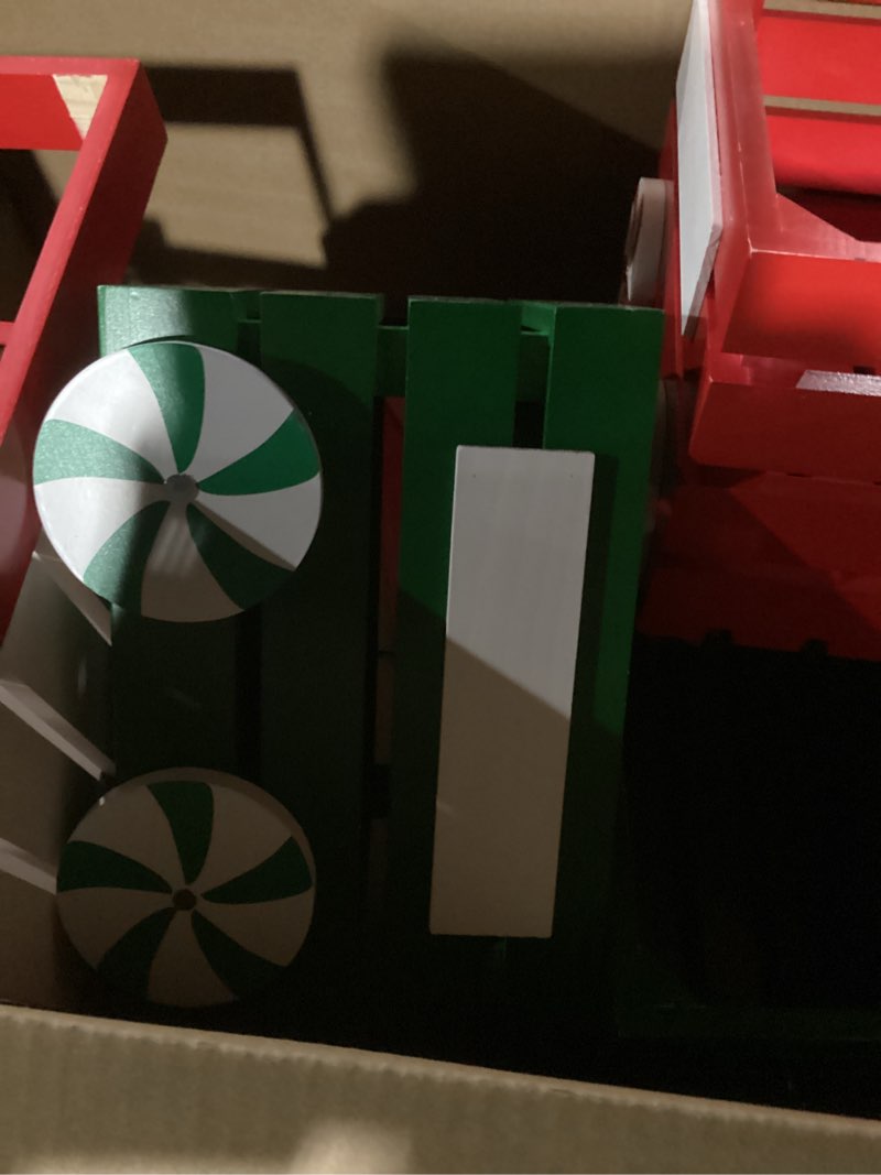 Condition photo showing As Is for Amyhill 4.3ft Wood Pre-Assemble Christmas Express Train Decorations Indoor Outdoor Gift Boxes Extra Large Flower Planters Box Set DIY Santa Presents Train for Yard Xmas Holiday Party(Natural)