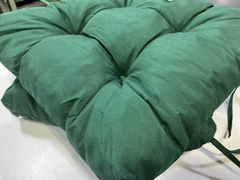 Condition photo showing Good Condition for outdoor chair cushions set of 2, 17" x 17" x 4", waterproof outdoor seat cushions for patio furniture, fade-resistant patio chair cushion, dining wicker chair pads for porch garden, dark green 17*17+4" forestgreen 2