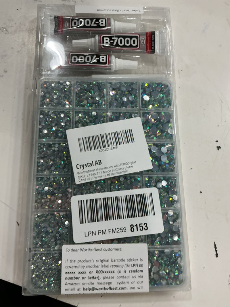 Condition photo showing New/Like New for 31000Pcs Crystal AB Rhinestones for Bedazzling, Bedazzler Kit with Flatback Rhinestones for Clothes Crafting Crafts Nails, 2,3,4,5,6mm Flat Back Resin Crystal Bedazzling Kit with B 7000 Glue Clear Large Pack + 3pcs Glue Crystal AB 2-6mm
