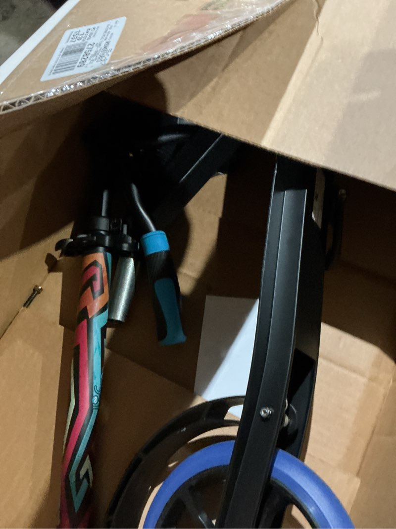 Condition photo showing As Is for serenelife two wheel scooter for teens, smooth gliding kick scooter for adults w/adjustable height for ages 8+, portable all terrain scooter w/carry straps, easy to fold graffiti