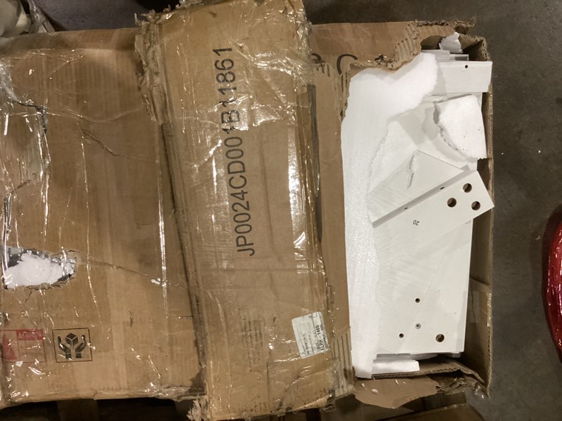 Condition photo showing Good Condition for Farmhouse L Shaped Executive Desk with 4 Drawers, Home Office Desk with Hidden Under-Desk Storage Shelf and Charging Station, File Cabinet Storage, Wood Corner Computer Desk for Work(White+Brown)