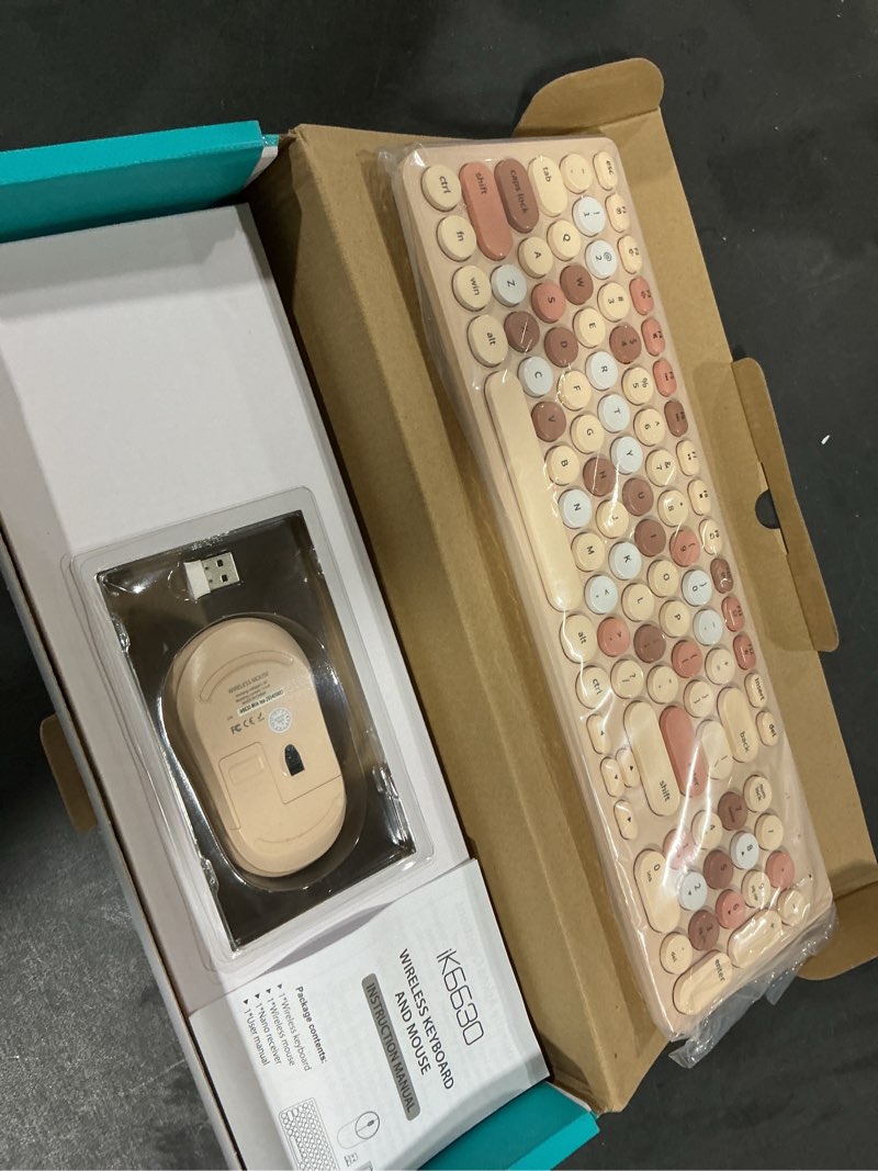 Condition photo showing New/Like New for Wireless Keyboard and Mouse Combo, Retro Typewriter Keyboard with Round Keycaps, 2.4GHz USB Cute Wireless Keyboard Mouse for Computer, Desktop, Laptop (Milk Tea Colorful)