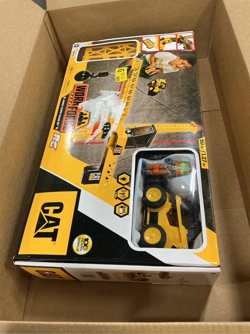 Condition photo showing New/Like New for cat construction workforce jumbo tower crane set, 50-inch rc crane toy with 360-degree rotation, hook and wrecking ball, light, skid steer and 4" figure, usb rechargeable, ages 5+ workforce jumbo crane