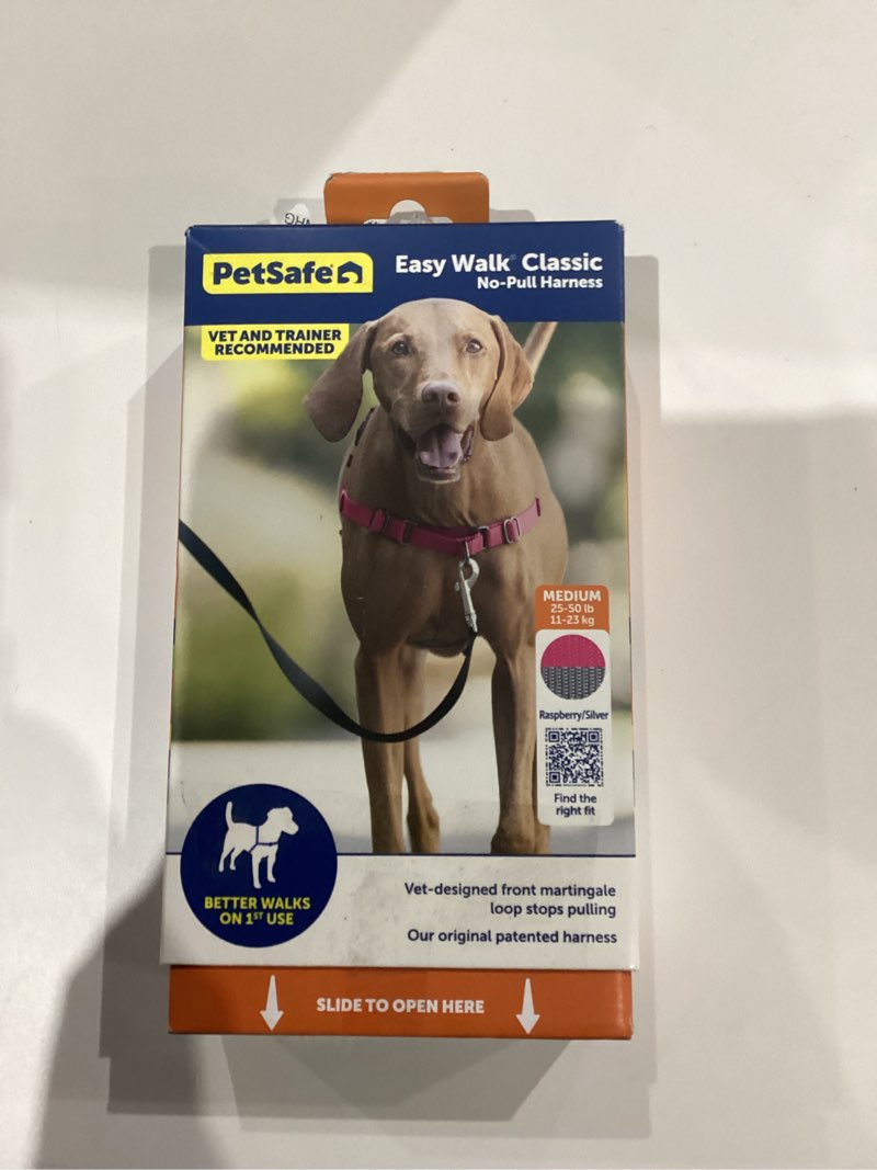 Condition photo showing As Is for PetSafe Easy Walk Harness for Dogs - Pull-Free Walks - Patented Martingale Loop Design - Front Chest Leash Attachment - Adjustable Comfort Straps - Breathable Harness Design - Medium, Raspberry/Gray Medium Raspberry/Gray