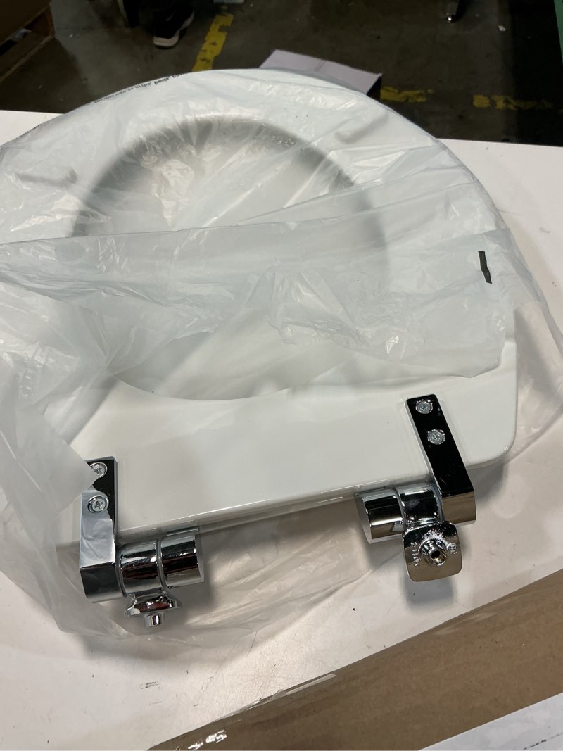 Condition photo showing As Is for mayfair bennett toilet seat with chrome hinges, slow close wood seat, secure metal hinges, easy install, made in usa, round, white round chrome