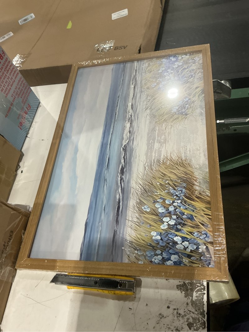 Condition photo showing New/Like New for wood framed coastal beach wall art, vintage floral ocean landscape canvas wall decor paintings, blue boho farmhouse coastal posters prints pictures for living room bedroom bathroom 16x24 inch blue flowers framed 24"l x 16"w