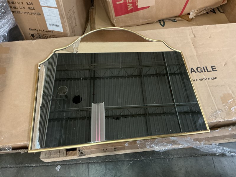 Condition photo showing New/Like New for scalloped gold wall mirror, 32x28 inch arched mirror decorative, elegant mirror wall decor for entryway, bathroom vanity, hallway, fireplace
