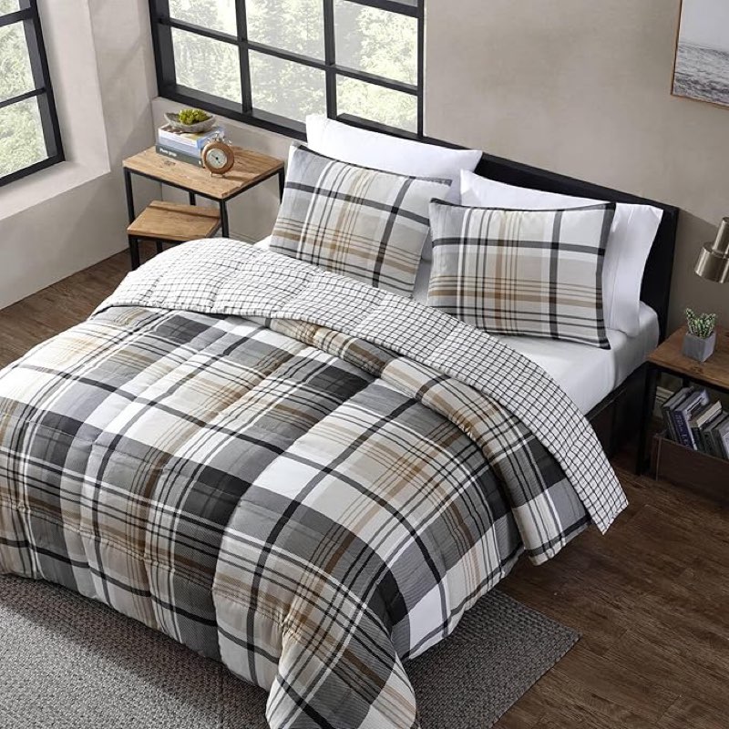Eddie Bauer - Queen Comforter Set, Plaid Reversible Bedding, Stylish & Warm Home Decor (Normandy Grey, Queen)