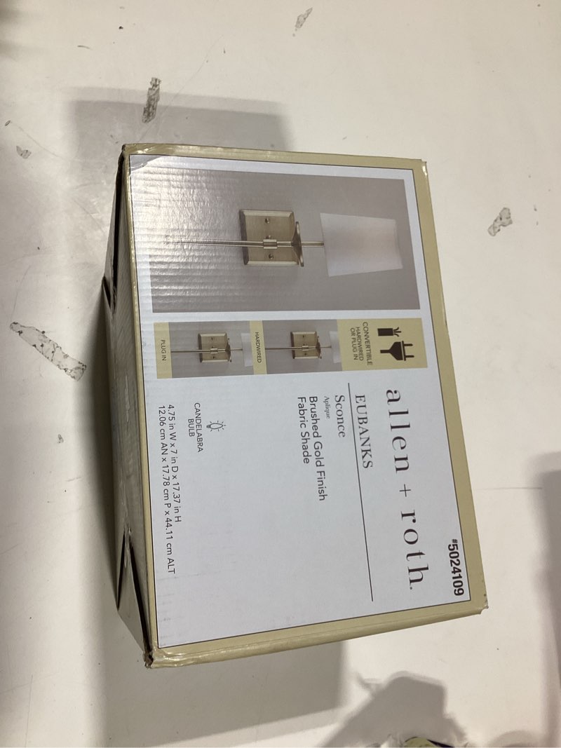 Condition photo showing New/Like New for Allen + Roth Eubanks 4.75-in W 1 -Light Brushed Gold Transitional Wall Sconce