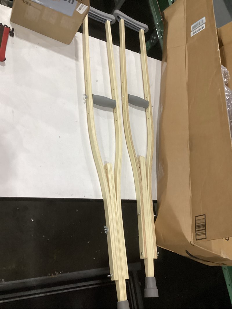 Condition photo showing Good Condition for sammons preston wooden crutches, adult size, latex free, sturdy leg supports for after injury or post surgery, adjustable height and handle crutches for elderly, handicapped, and disabled users