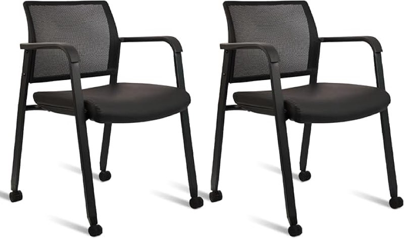 clatina stacking office chair with wheels, mesh back waiting room guest chairs with arms comfortable leather cushion stackable desk chair for conference reception school side stationary, black, 2pk