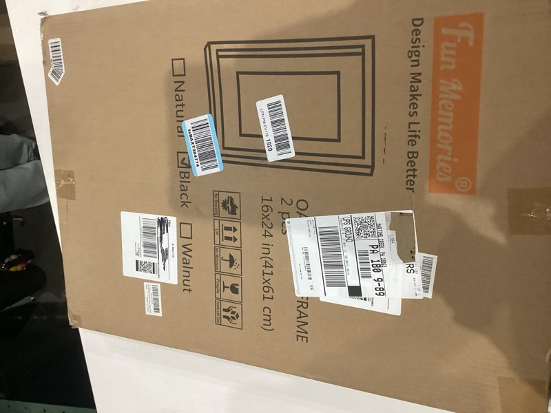 Condition photo showing New/Like New for Fun Memories Black 16x24 Picture Frame, Oak Wood 16 x 24 Poster Frames Set of 2, Rustic 16 by 24 Frame for Wall, 16x24 Frame with Mat for 12x18, Tempered Real Glass Black 16x24 - 2P