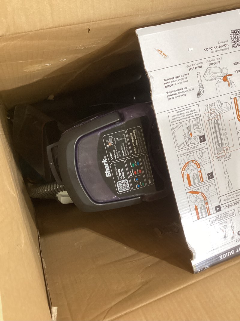 Condition photo showing As Is for shark carpetxpert with stainstriker upright carpet, area rug & upholstery cleaner with pet mess extractor tool, perfect for pets, carpet shampooer, 3 cleaning tools, cleaning solutions, white, ex201 carpetxpert w/ stainstriker