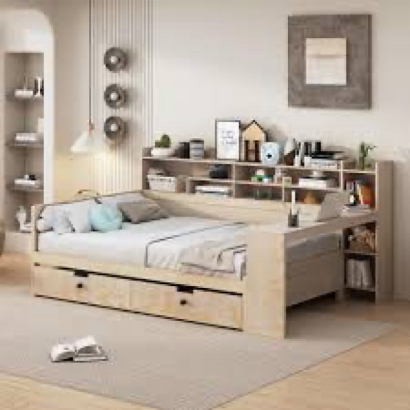 Daybed With Storage Shelves, Multi-Functional Bed With Two Storage Drawers And Study Desk INCOMPLETE 