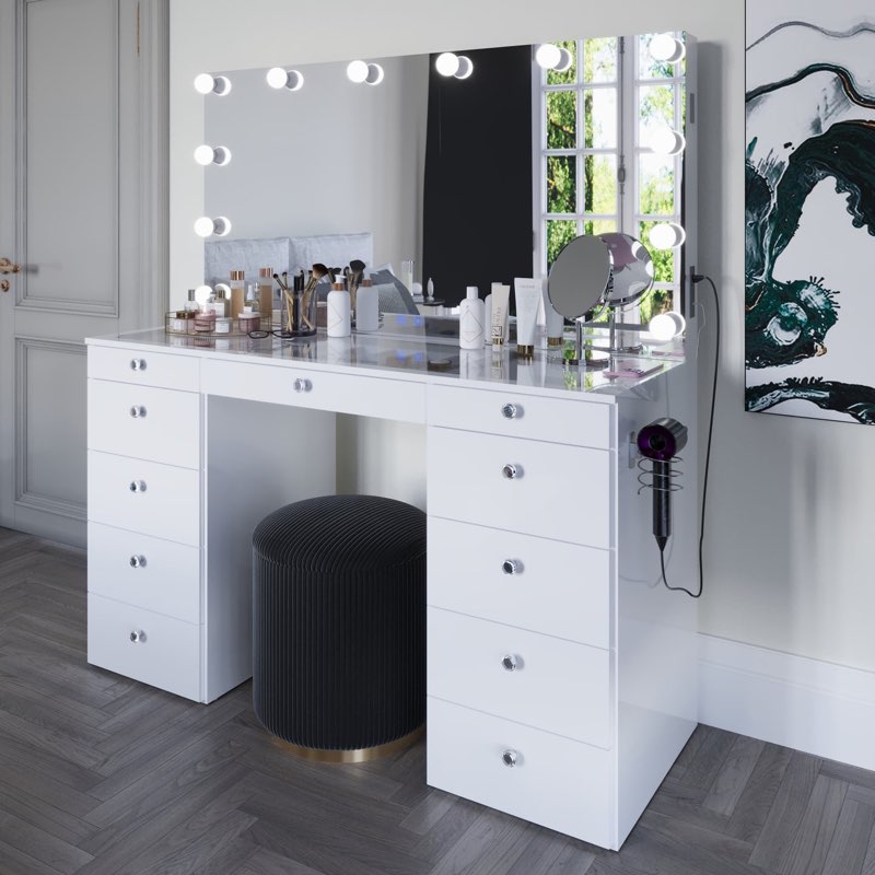 ( incomplete) Orla Premium Vanity Table with Bluetooth Speakers, 11 Drawers, and LED Lighted Mirror