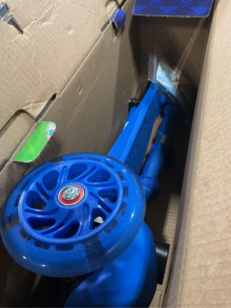 Condition photo showing As Is for blue mini 3 wheel scooter for kids – lean-to-steer with led light-up wheels, adjustable handlebar, wide anti-slip deck, smooth pu wheels, rear foot brake – toddler scooter for ages 2+