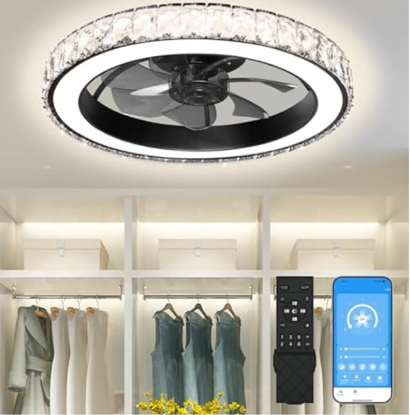 aipsun low profile modern crystal chandelier ceiling fans with lights and remote, 3000k-6500k smart bladeless led fan, 18" black modern ceiling fans with lights for bedroom