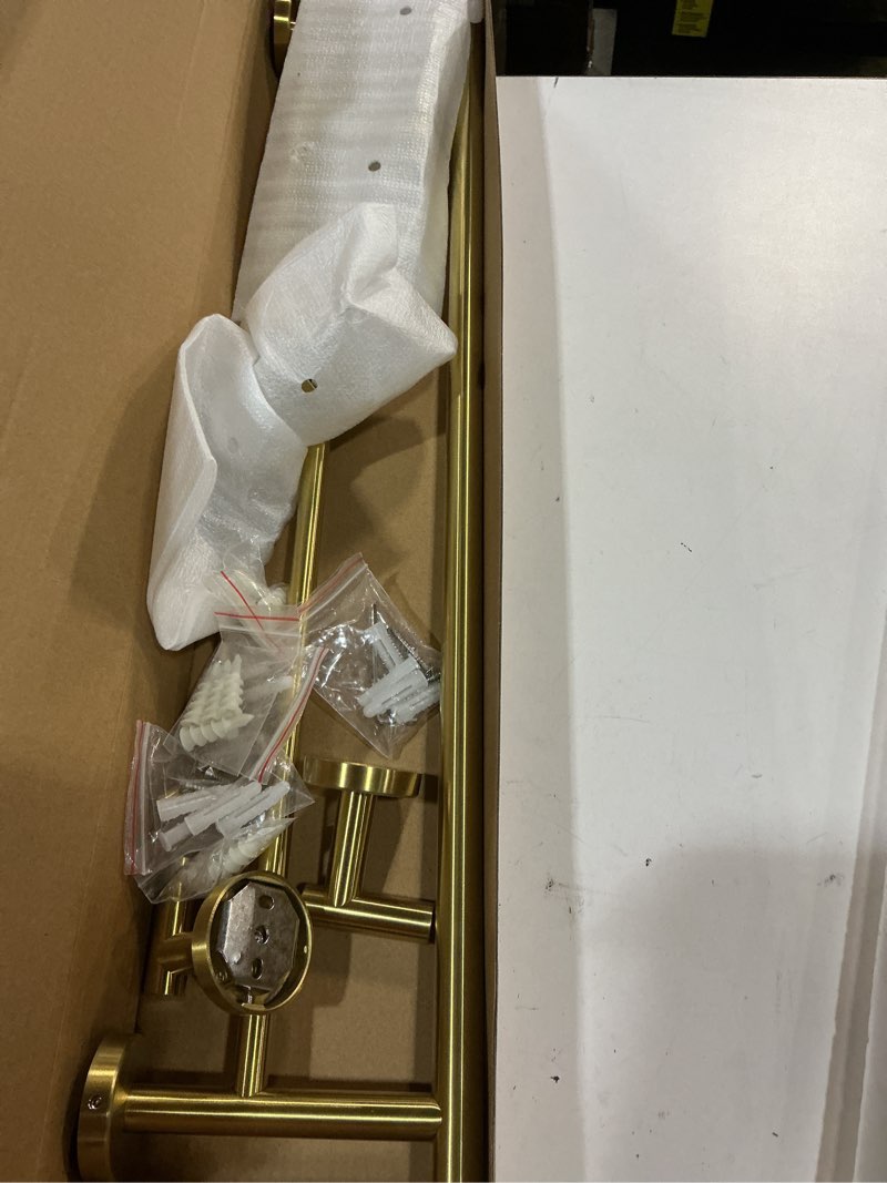Condition photo showing Good Condition for jqk bathroom hardware set, 5-piece bath accessories set brass gold wall mount includes 24 in towel bar, 9 in ht bar, tp holder, towel hook x 2 brushed gold, bas105-bg 5-piece gold