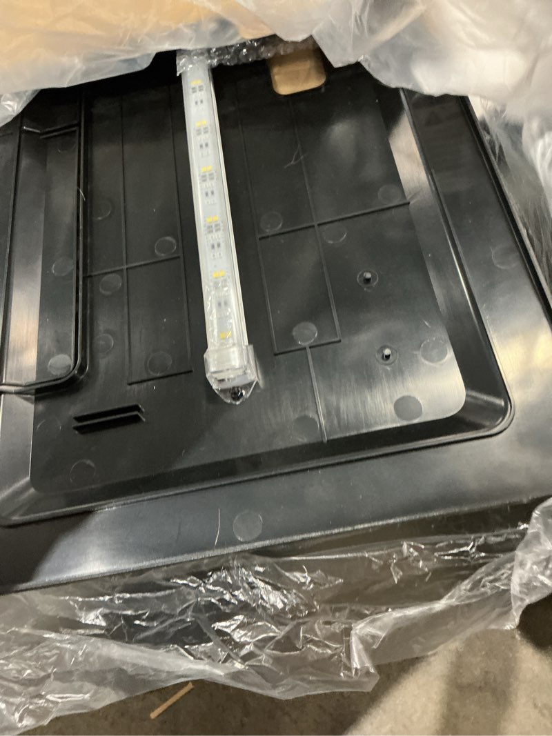 Condition photo showing As Is for led aquarium hood, fish tank cover with adjustable-brightness colored light tubes, replaceable full-length bulb, fits 24-inch framed aquariums, black