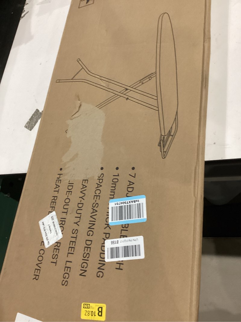 Condition photo showing New/Like New for 2025 enhanced ironing board, folding iron board with retractable iron rest& hook, 7-level height adjustable ironing table with thermo-reflective surface &10mm thicken pad, 43"x14"x36" black