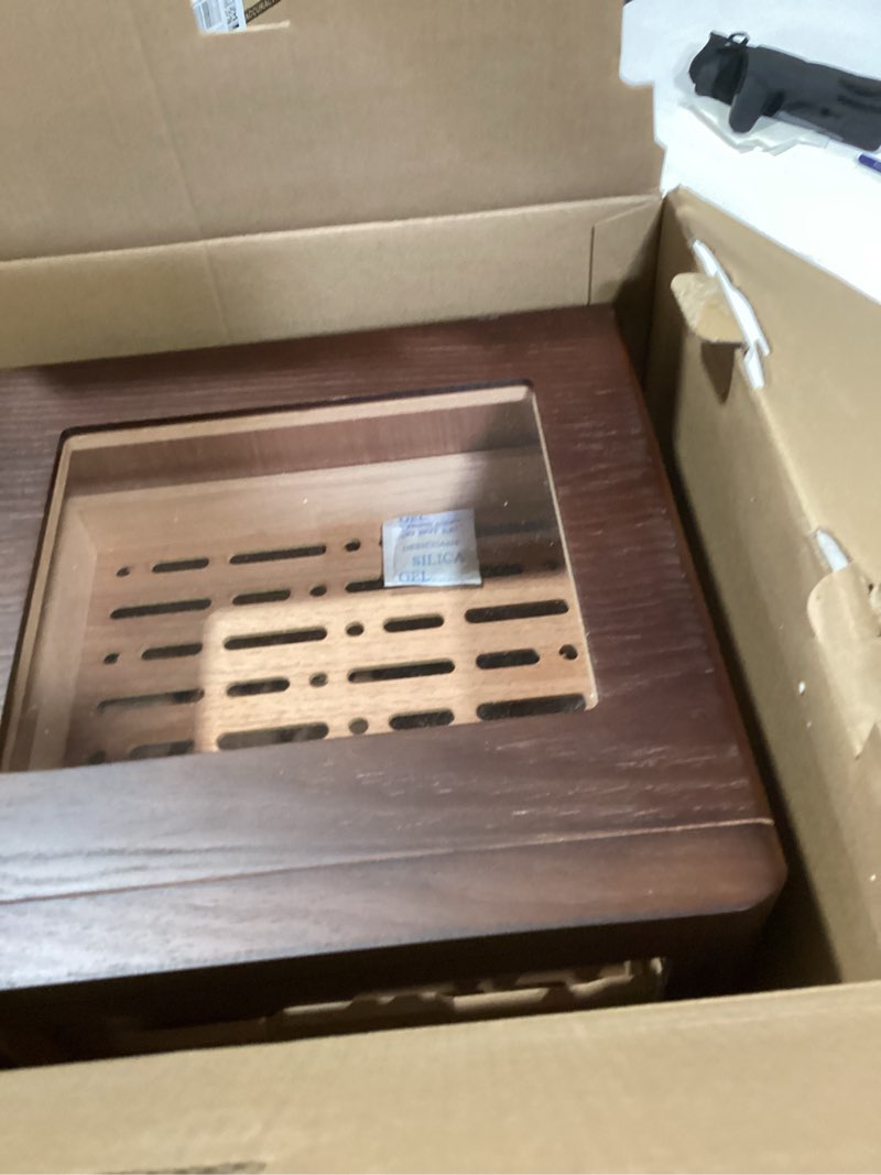 Condition photo showing New/Like New for xifei cigar humidor cabinet, glass top & adjustable led lighting, digital hygrometer, 2 humidifiers, cigar tube, desktop cedar wood humidor with accessory drawer for 80-100 cigars, ideal men's gift dark brown