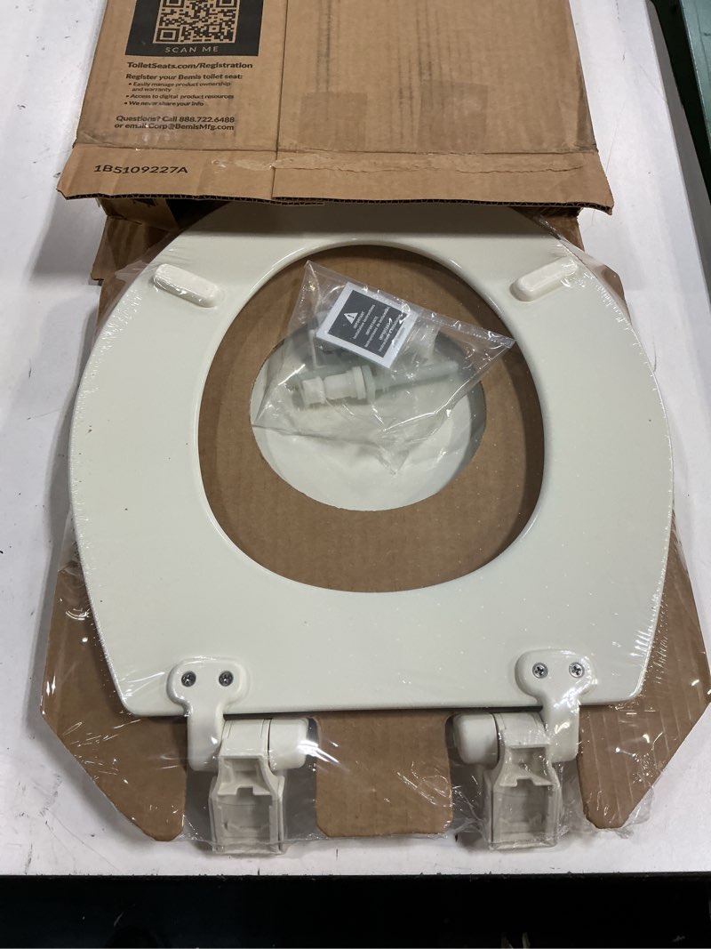 Condition photo showing New/Like New for mayfair cassel slow close toilet seat, easy clean, non slip premium wood seat, easy install, made in usa, round, biscuit seat round