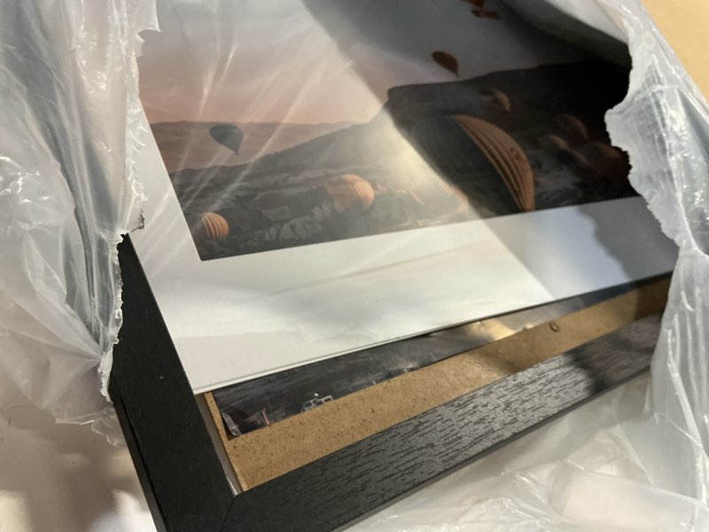 Condition photo showing As Is for 24x24 Picture Frame Black with 20x20 Mat, Display Photo 20x20 with Mat or 24 x 24 Without Mat, Wall Hanging Large 24x24 Poster Frame with Shatter Resistant Plexiglass, Black Black 24x24 inch