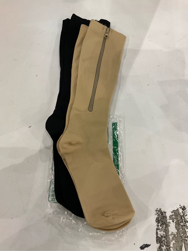 Condition photo showing New/Like New for 2 Pairs Zipper Compression Socks, 15-20 mmHg Closed Toe Compression Stocking with Zipper for Women and Men Small-Medium Close Toe-Beige*1+Black*1