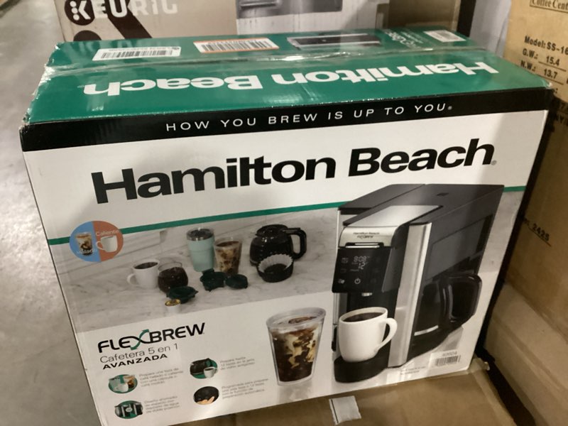 Condition photo showing New/Like New for hamilton beach flexbrew advanced 5-in-1 programmable 12 cup drip and single serve hot & iced coffee maker with movable 60 oz. water reservoir, use pod packs and grounds, fast brewing, black (49924)