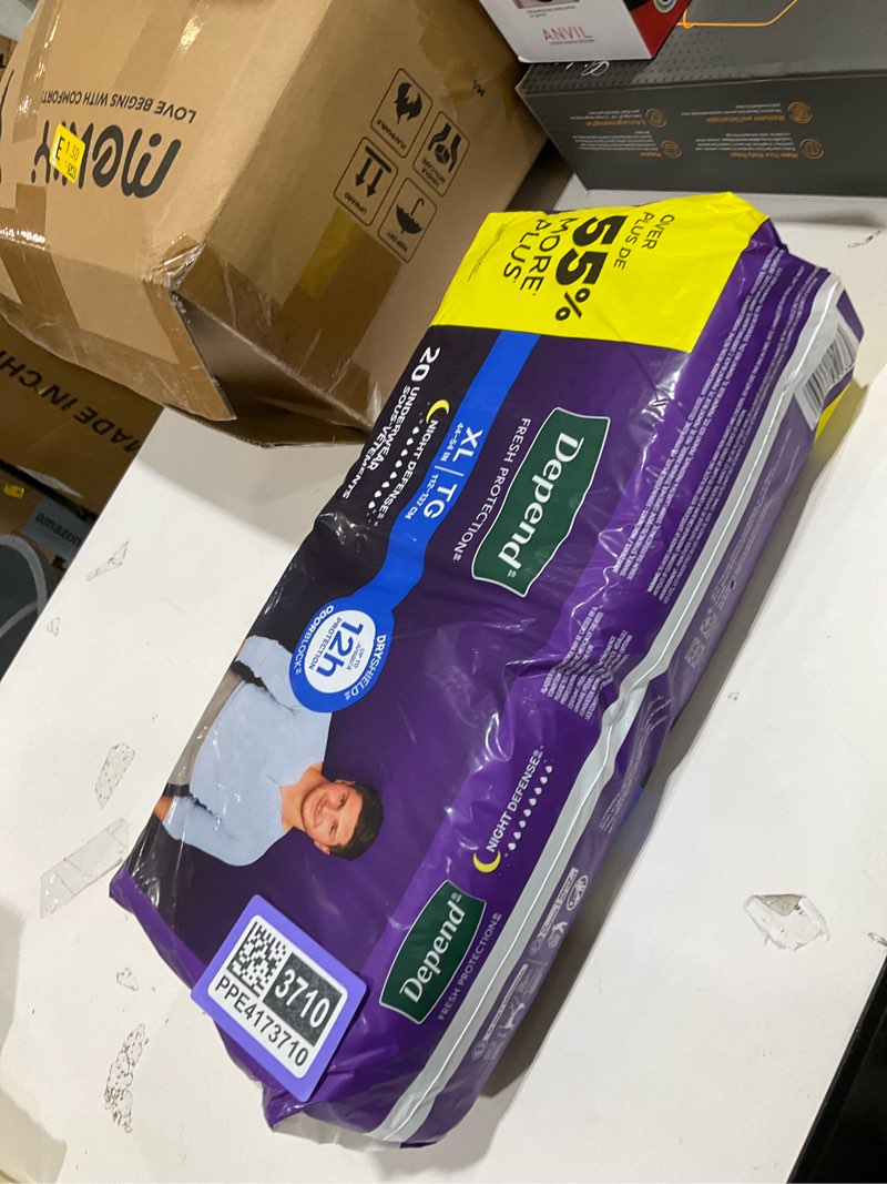 Condition photo showing New/Like New for depend night defense adult diapers, incontinence underwear for men, disposable, overnight, extra-large, grey, 20 count, packaging may vary x-large 20