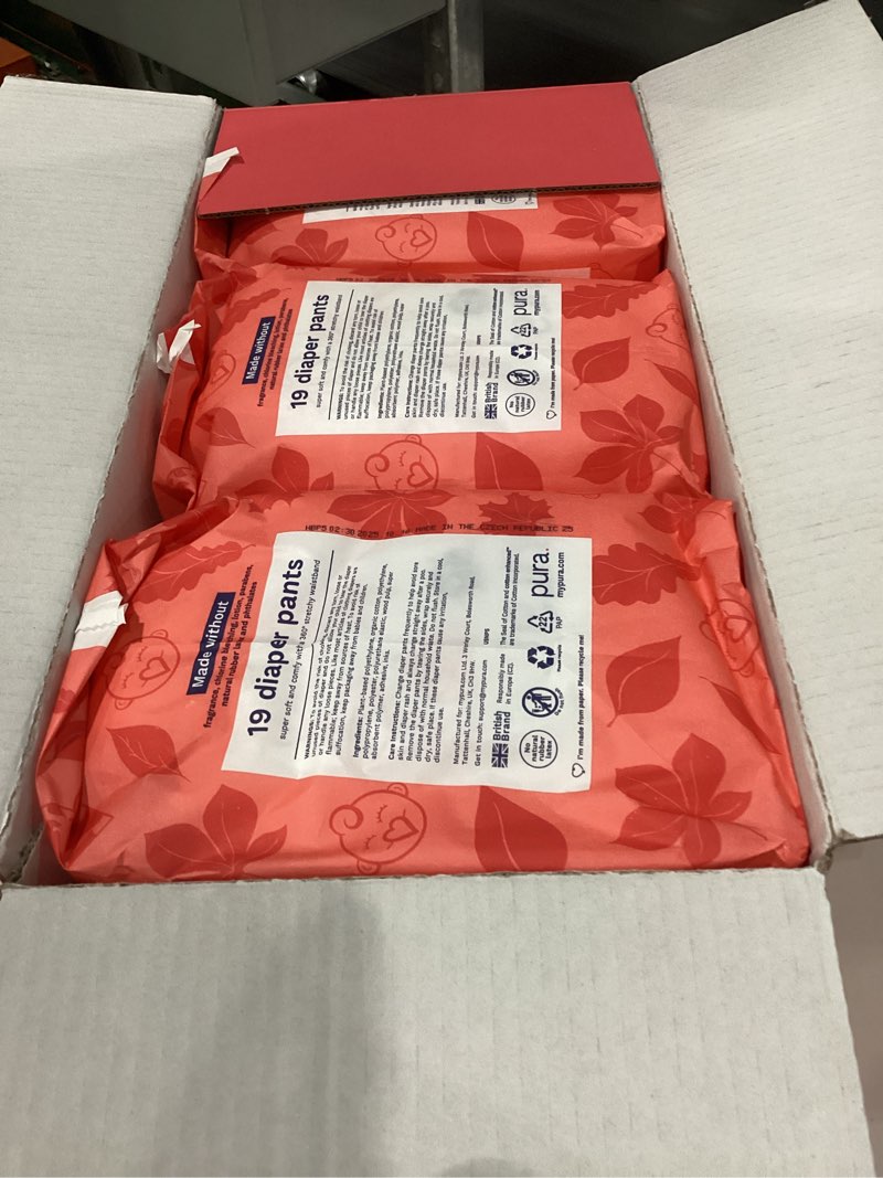 Condition photo showing New/Like New for pura hypoallergenic diaper pants size 5 (27-38 lbs) overnight, up to 12 hours leak protection, suitable for sensitive skin, totally chlorine free, soft organic cotton, 3 packs of 19 (57 pull up pants) size 5 (57 diaper pants)