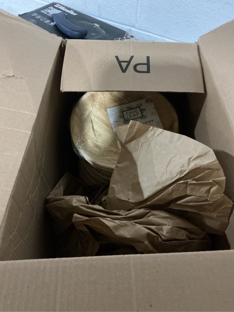 Condition photo showing As Is for chic leaf palm leaf plates - 10" round - 50 pack of 100% compostable & disposable bamboo style plates - heavy duty, sturdy paper alternative for wedding desserts, winter events & corporate catering 10'' (pack of 50) 50