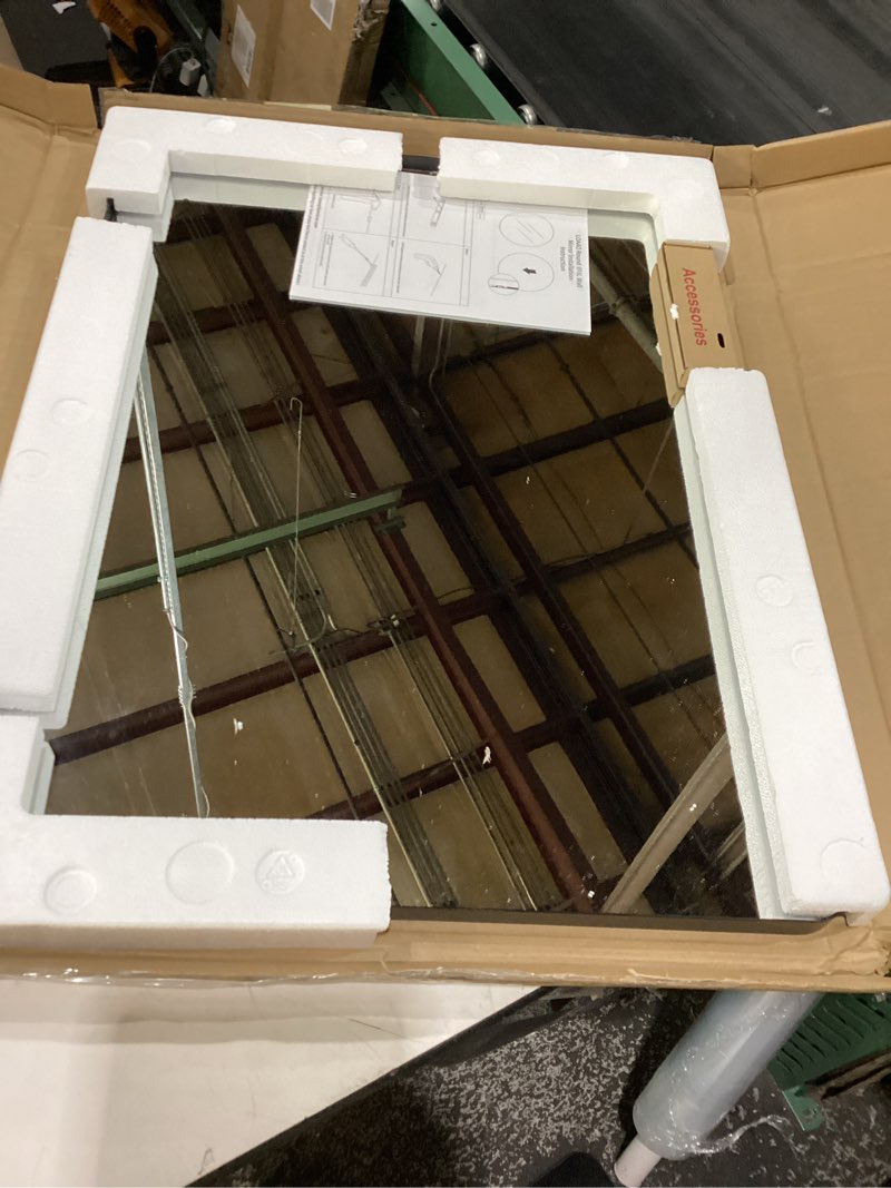 Condition photo showing New/Like New for loaao 24x32 inch black metal framed bathroom mirror for wall, matte black bathroom vanity mirror farmhouse, large rounded rectangle mirror, anti-rust, hangs horizontally or vertically black 24"l x 32"w