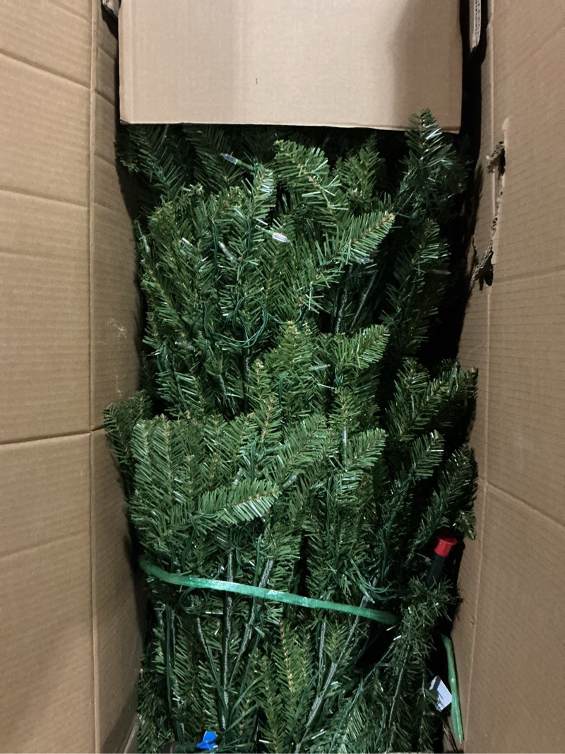 Condition photo showing As Is for National Tree Company 7.5 ft Pre-Lit Dunhill Fir Artificial Christmas Tree, 700 LED Lights, 2,514 Tips, Foot Pedal, 10 Light Functions, Includes Stand, Green