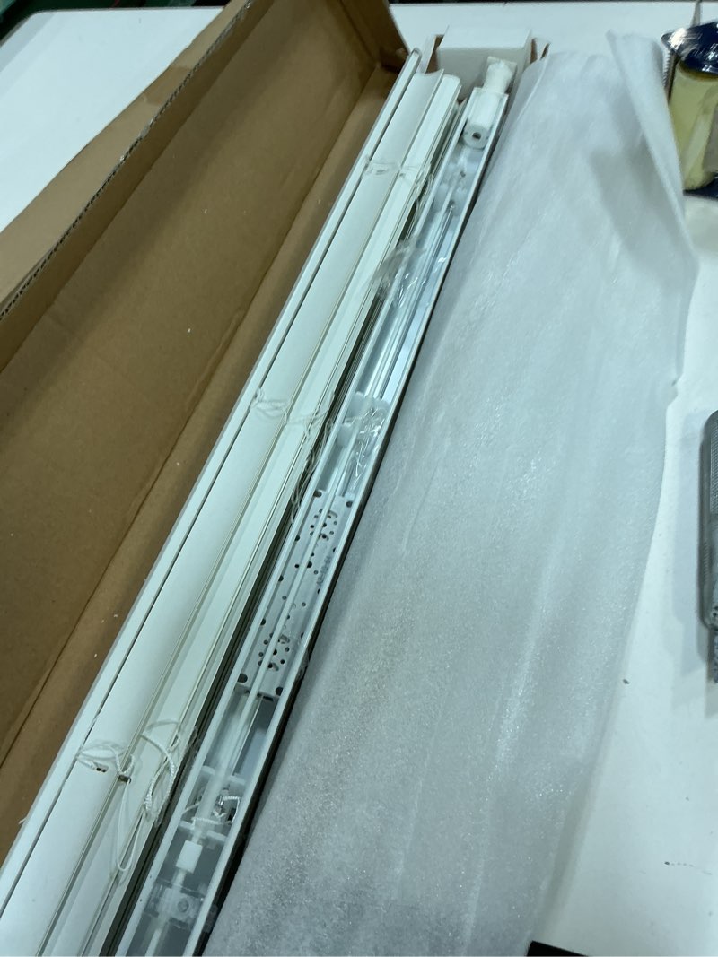 Condition photo showing As Is for myshade no-drill cordless horizontal mini blinds – 28.5" w x 64" h tool-free inside mount window blinds with 1" vinyl slats, light filtering & privacy, child & pet safe, white cordless-white 28.5" w x 64" h