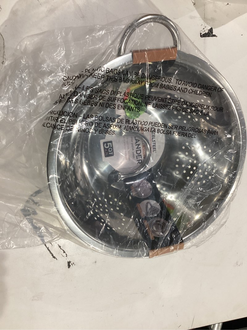 Condition photo showing As Is for EXCELSTEEL Heavy Duty Stainless Steel Colander 5 Qt | Easy Grip Handles | Self-Draining Base | Mirror Polished | Dishwasher Safe | Pack of 1 5 Qt (Pack of 1)