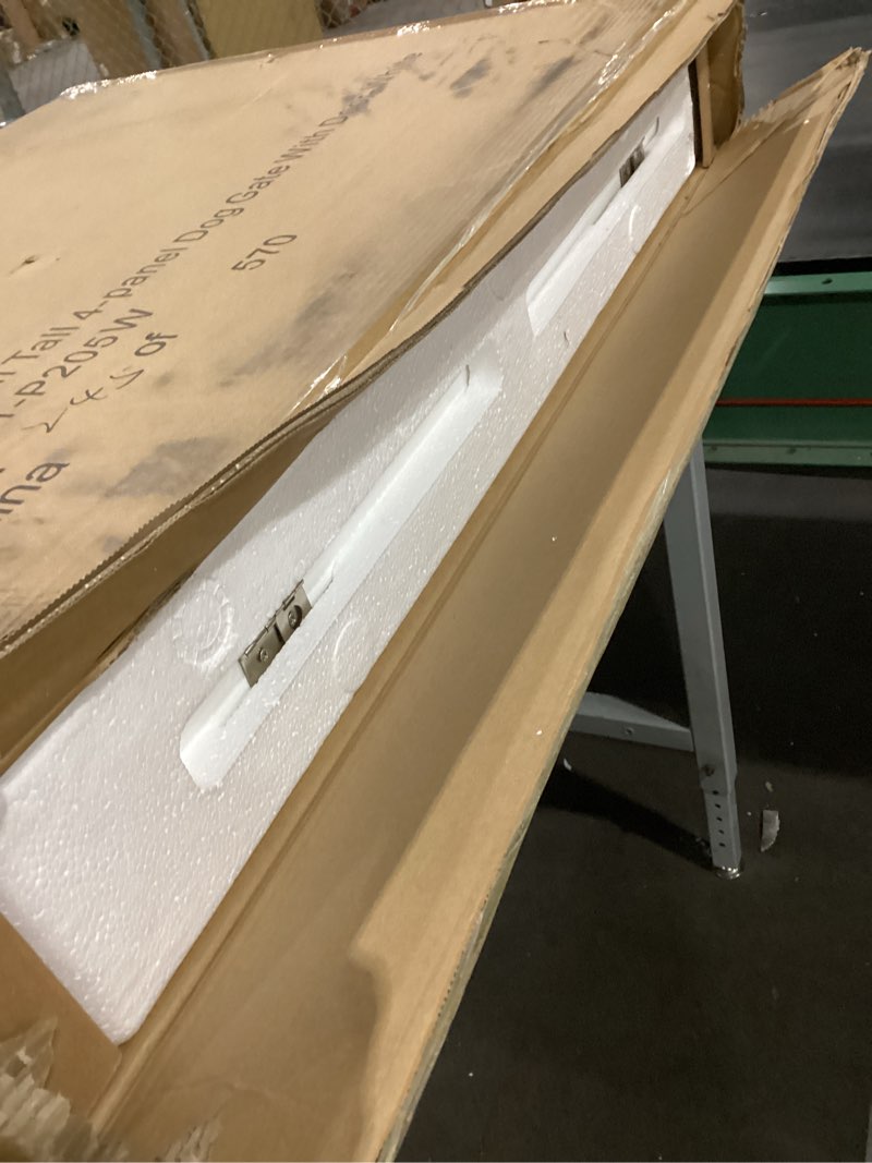 Condition photo showing New/Like New for SPIRICH 96-inch Extra Wide 30-inches Tall Dog Gate with Door Walk Through, Freestanding Wire Pet Gate for The House, Doorway, Stairs, Pet Puppy Safety Fence, Support Feet Included (White) White ?4 Panels with Door?96"W x 30"H