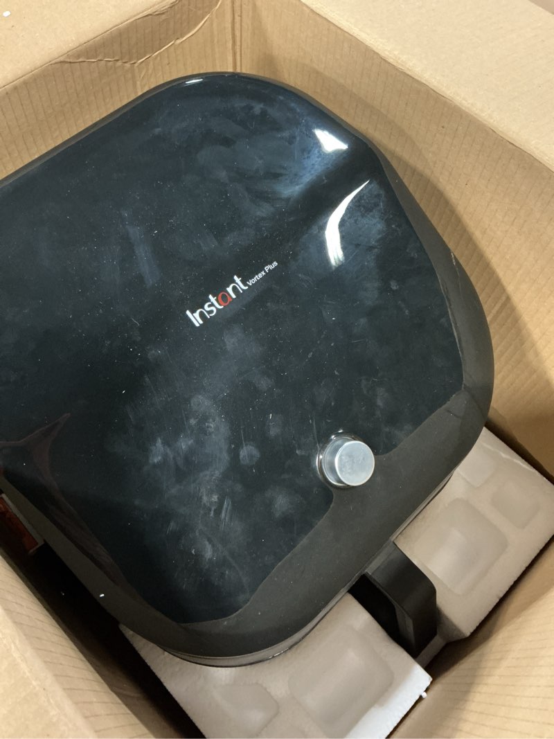 Condition photo showing As Is for instant pot vortex plus 6qt clearcook air fryer, clear windows, custom program options, 6-in-1 functions, crisps, broils, roasts, dehydrates, bakes, reheats, from the makers of instant pot, black vortex plus 6 quarts