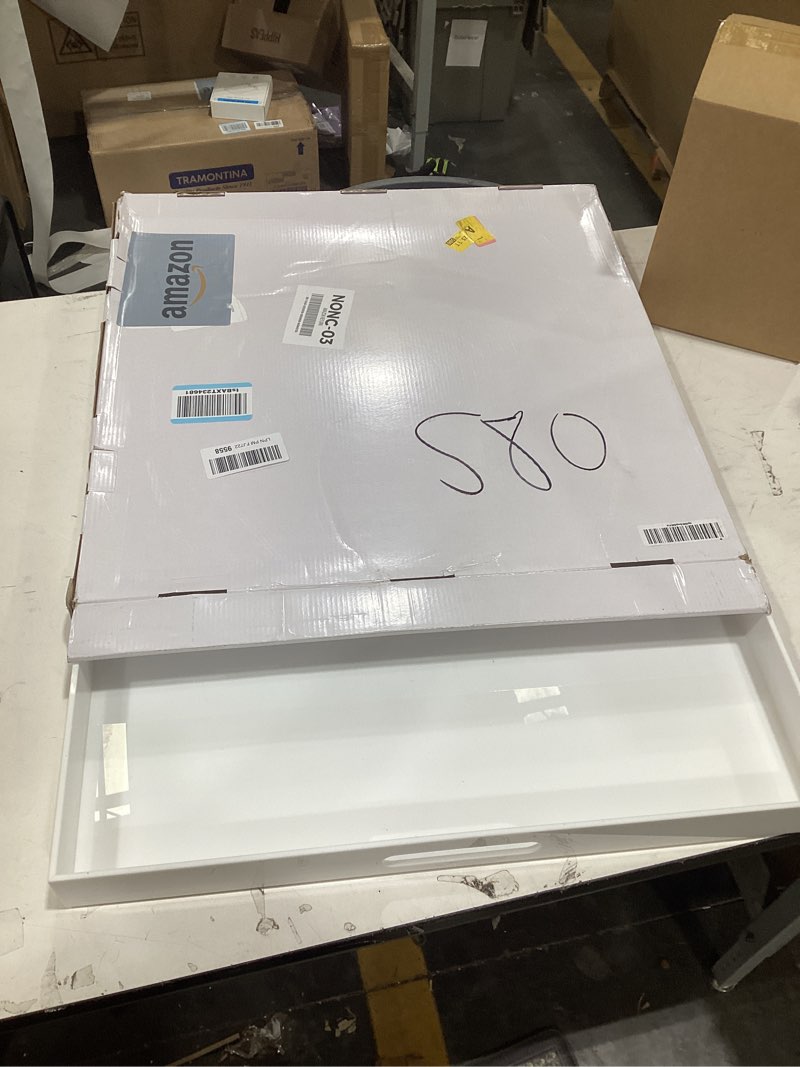 Condition photo showing New/Like New for 22×22 Inches Oversize Extra Large Sturdy Glossy White Acrylic Serving Tray King Size Decorative Big Ottoman Trays with Cut Out Handles Water Proof Bed Tray Coffee Counter Top Organizer Glossy White 22×22 Inch