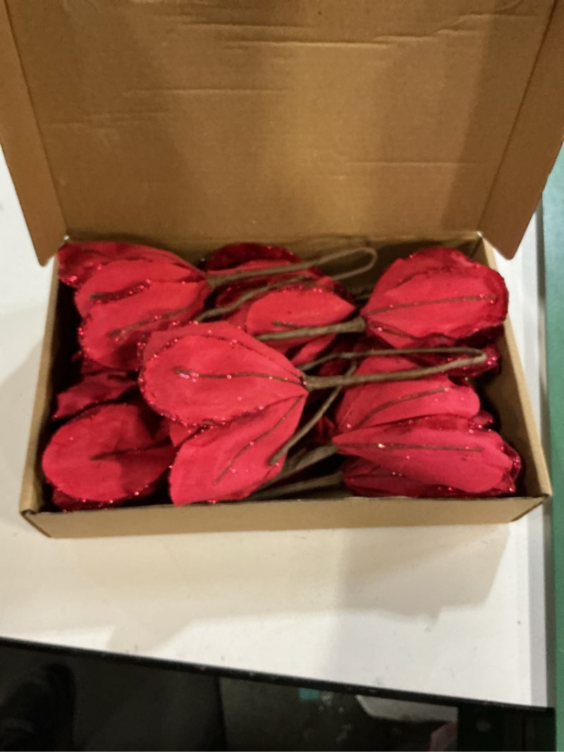 Condition photo showing Good Condition for XunYee 10 Pcs Red Velvet Christmas Glitter Flowers Magnolia Artificial Poinsettia Flower Christmas Tree Ornaments Velvet Floral Picks with Clips for Xmas DIY Wreath Decor, 6 Inch
