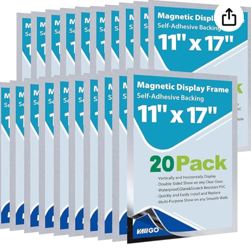11" x 17" magnetic sign holder, self-adhesive double-sided display frame for glass, window, door, wall – magnetic poster & document holder, 20 pack, silver