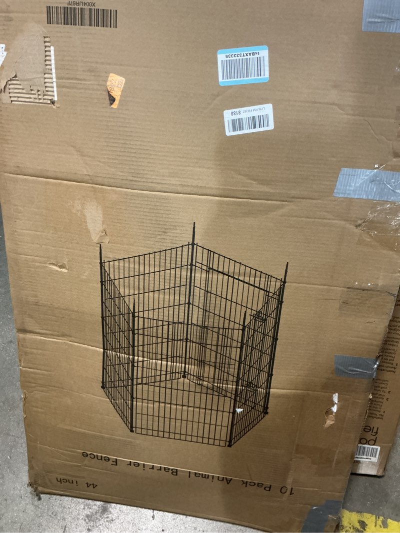 Condition photo showing As Is for 10 panels no dig garden fence with gate, 44in(h) × 23.6ft(l) decorative metal outdoor dog fence, rustproof pet fencing for yard, patio, flower bed -temporary fencing| easy to install 10 panels-44 in(h) x 23.6 ft(l) with gate